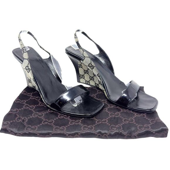 Gucci GG Logo Monogram Supreme Guccissima Black Canvas Leather Heels Sandals 9.5 - Picture 2 of 11